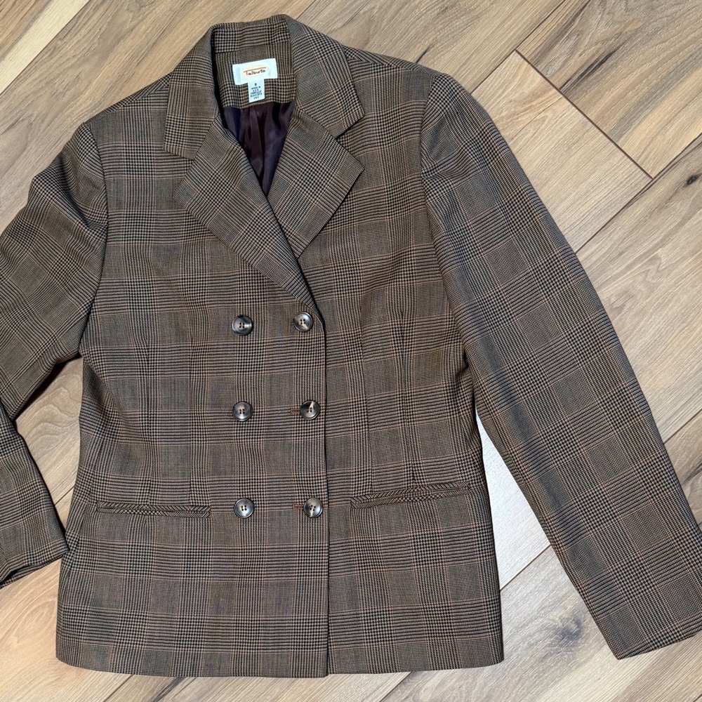 Talbots Wool Brown Plaid Double-Breasted Women's Blazer Jacket Size 8